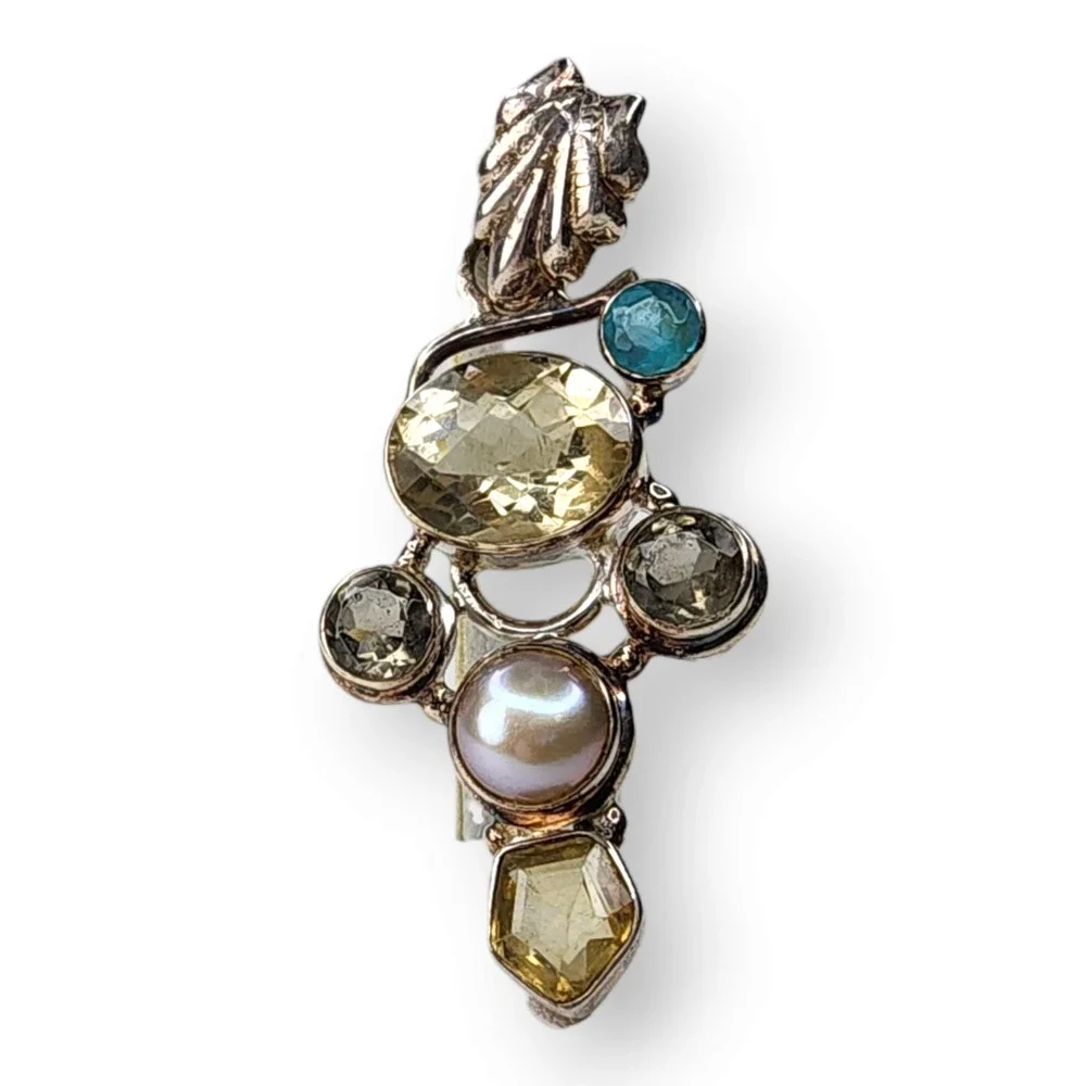 Vintage Pendant Sterling Silver 925 Citrine Topaz Aquamarine Pearl Gem
